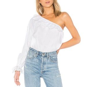 Joie Arianthe White One Shoulder Cotton Eyelet Lace Ruffle Long Sleeve Blouse L